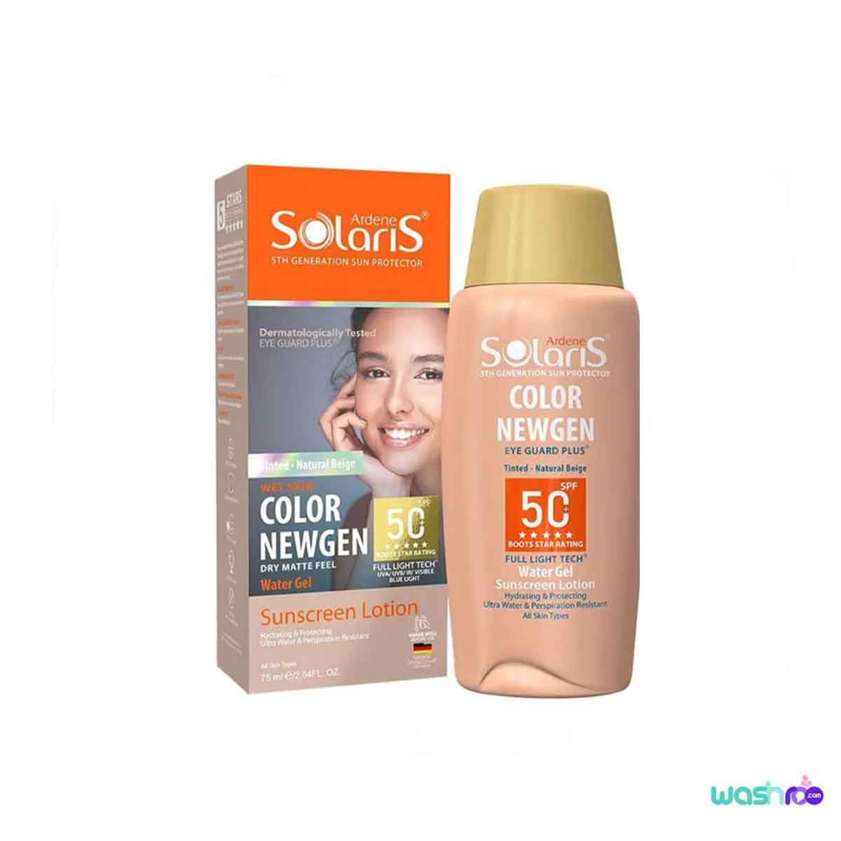 لوسیون ضد آفتاب کالر نیوژن سولاریس آردن +SPF50 رنگ بژ طبیعی مناسب انواع پوست ۷۵ میل