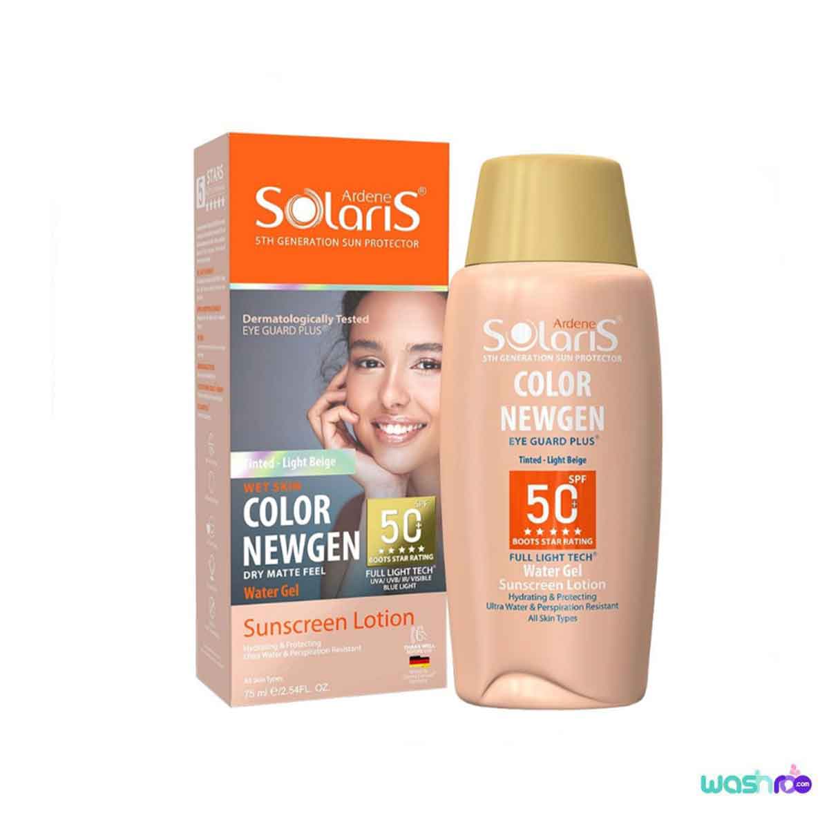 لوسیون ضد آفتاب کالر نیوژن سولاریس آردن +SPF50 رنگ بژ روشن مناسب انواع پوست ۷۵ میل